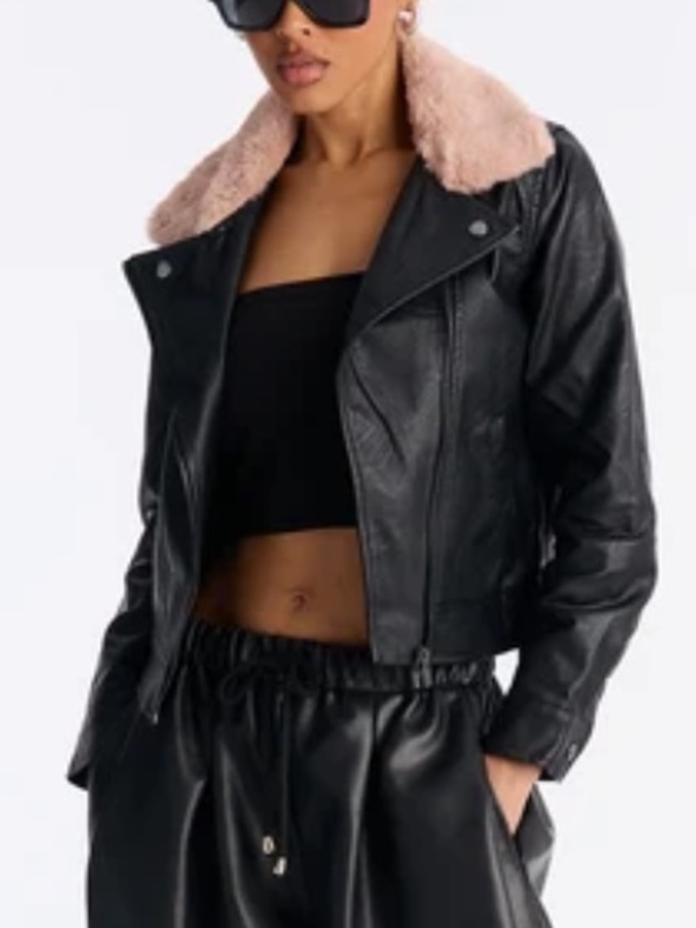 Women Black Fur Leather Jacket M